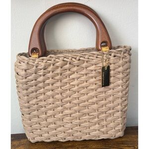 1950’s Russel & Bromley Chic Tan Paper Straw Woven Mini Bag with Wooden Handles